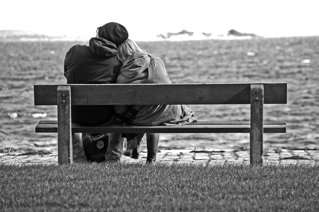 couple, park bench, park, beach, relationship, nature, affection, black and white